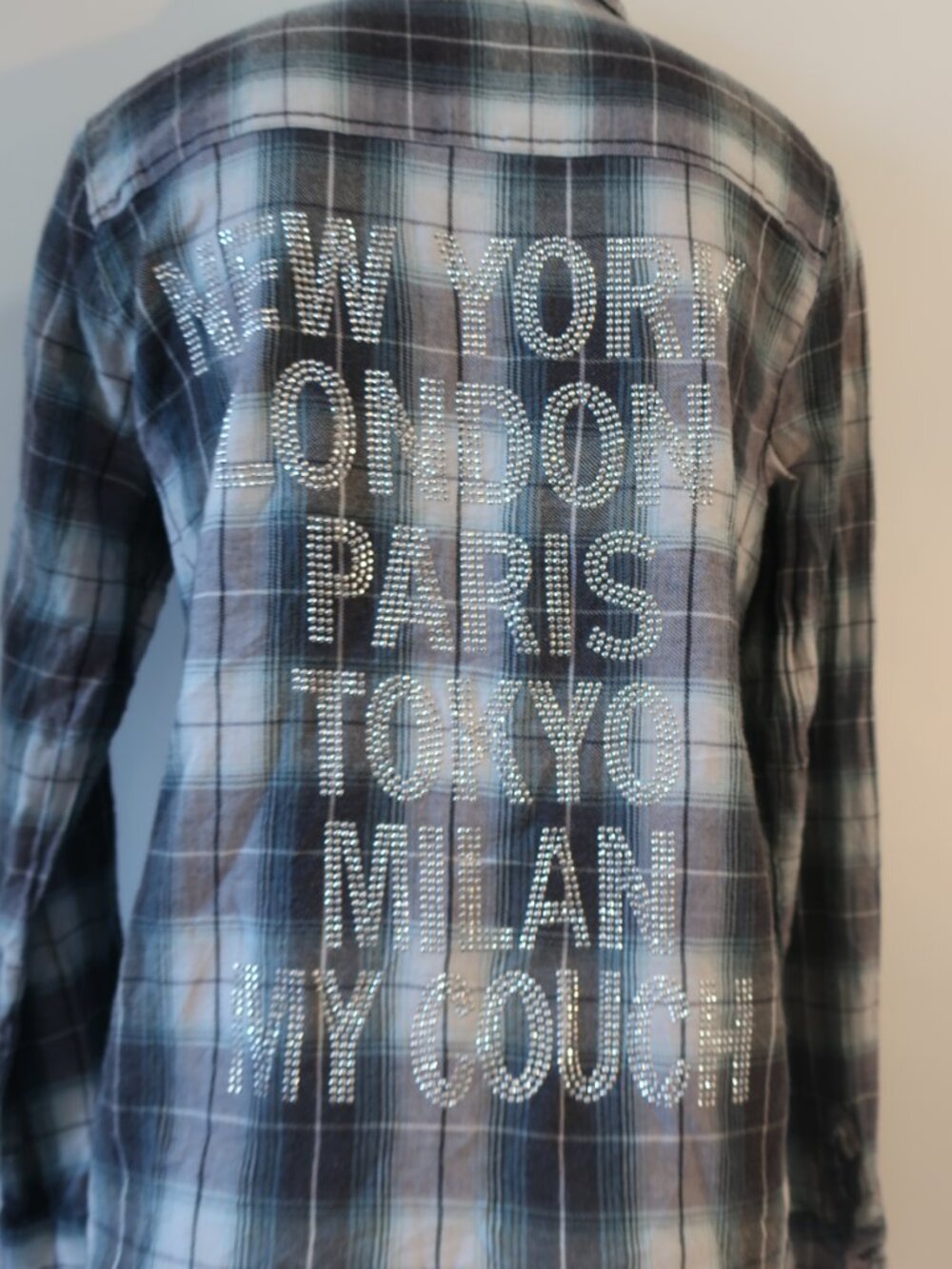 NWT Womens HipChik Couture Blk, Turq Vintage Flannel W/Cities Button Down Top S